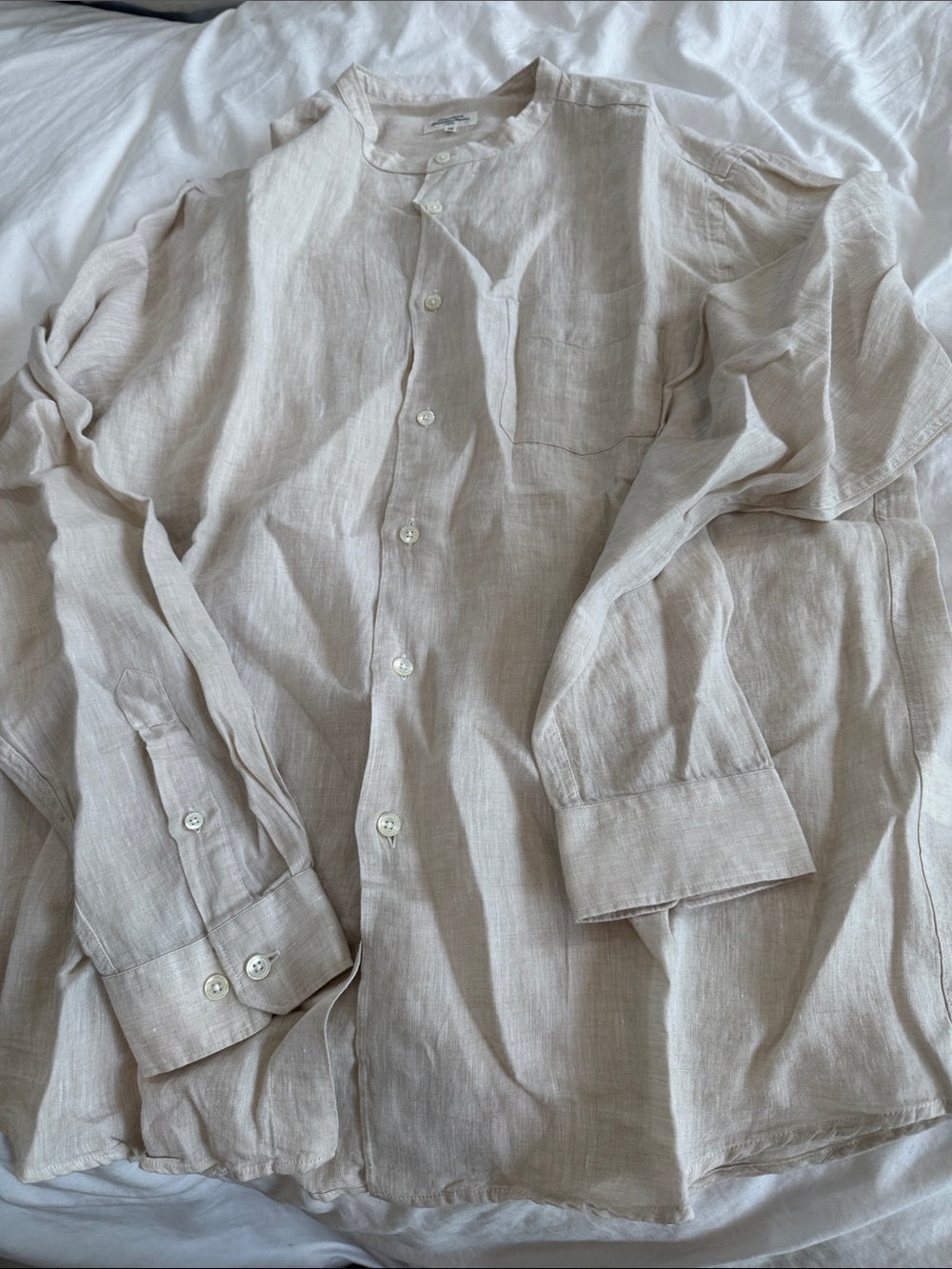 Hartford Light weight Beige Linen Button-Down Shirt,banded collar